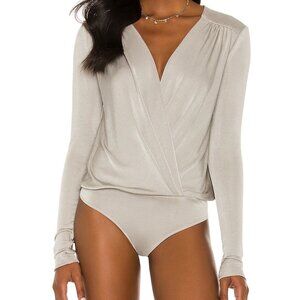 Free People Turnt Grey Long Sleeve Bodysuit Size S | NWOT | Draped Surplice